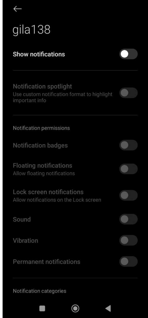 Menu notifikasi OFF