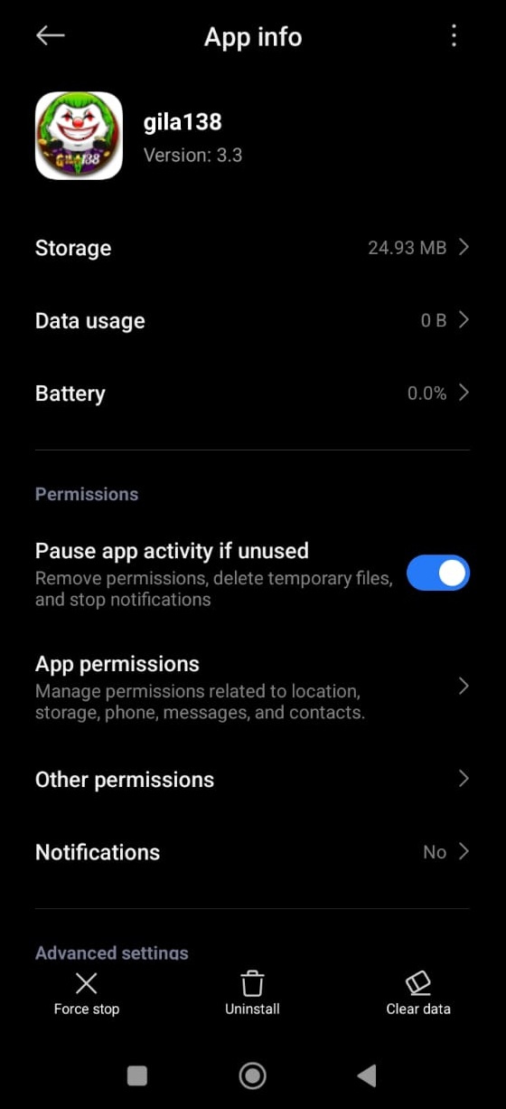 App info - Notifications & Pause app activity if unused